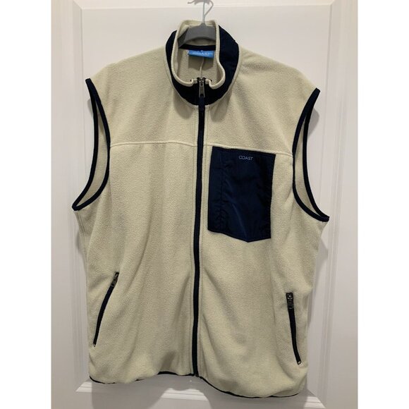 Coast Pawleys Island Vest XL Mens Full Zip Tan Blue Trim 3 Zip Pockets - Picture 1 of 9